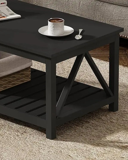 ChooChoo Coffee Table, Rustic Vintage Living Room Table with Shelf, 40 Pure Black - LeafyLoom