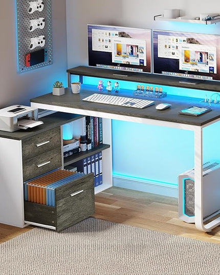 YITAHOME L Shaped Desk with 3 Drawers, 55" Corner Computer Desk with Power Outlets & LED Lights, L-Shaped Desk with File Cabinet for Home Office, White & Grey - LeafyLoom