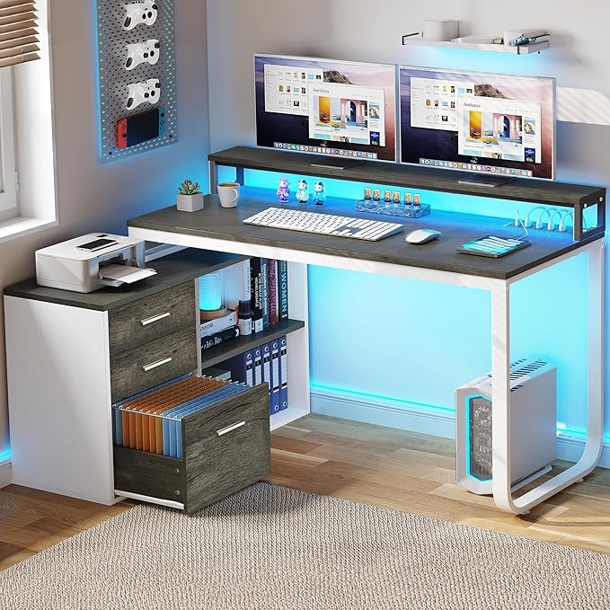 YITAHOME L Shaped Desk with 3 Drawers, 55" Corner Computer Desk with Power Outlets & LED Lights, L-Shaped Desk with File Cabinet for Home Office, White & Grey - LeafyLoom