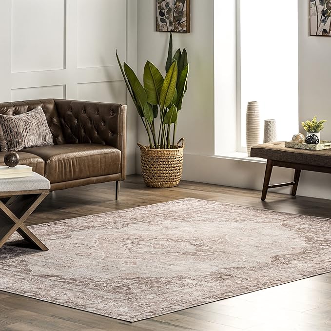 nuLOOM Elsa Floral Blossom Machine Washable Ultra Thin Area Rug, 4' x 6', Beige - LeafyLoom