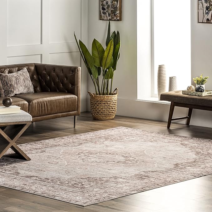 nuLOOM Elsa Floral Blossom Machine Washable Ultra Thin Area Rug, 5' x 8', Beige - LeafyLoom