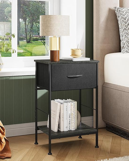 WLIVE Nightstands Set of 2, Black Nightstand with Fabric Storage Drawer and Open Wood Shelf, Night Stand set 2 with Steel Frame, Side Table for Bedroom, Dorm, Charcoal Black, 24.9" Height - LeafyLoom