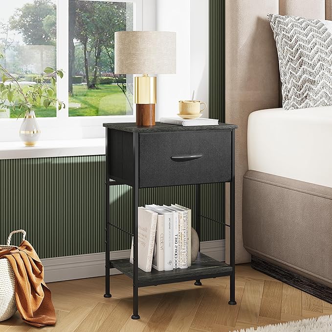 WLIVE Nightstands Set of 2, Black Nightstand with Fabric Storage Drawer and Open Wood Shelf, Night Stand set 2 with Steel Frame, Side Table for Bedroom, Dorm, Charcoal Black, 24.9" Height - LeafyLoom