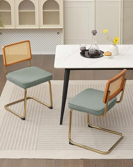 Rattan Dining Chairs Set of 2, Mid Century Modern Sherpa Dining Room Kitchen Chairs with Cane Back, Metal Chrome Legs, Upholstered Wicker Armless Accent Chairs, Green - LeafyLoom