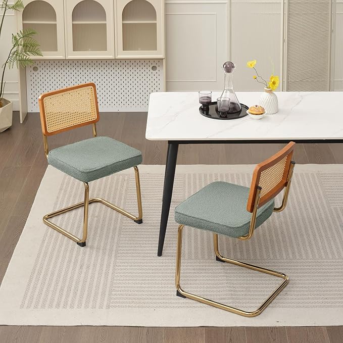 Rattan Dining Chairs Set of 2, Mid Century Modern Sherpa Dining Room Kitchen Chairs with Cane Back, Metal Chrome Legs, Upholstered Wicker Armless Accent Chairs, Green - LeafyLoom