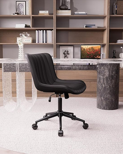 YOUNIKE Office Chair Swivel Desk Chair Upholstered Faux Leather Height Adjustable with Wheels Computer Task Chair Modern Rolling Armless Back, Black, Loads 300 lbs - LeafyLoom