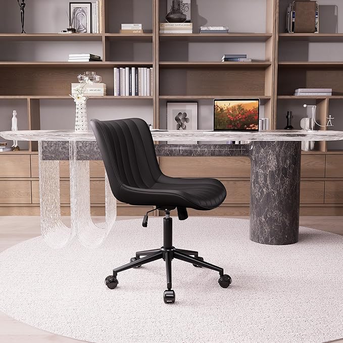 YOUNIKE Office Chair Swivel Desk Chair Upholstered Faux Leather Height Adjustable with Wheels Computer Task Chair Modern Rolling Armless Back, Black, Loads 300 lbs - LeafyLoom