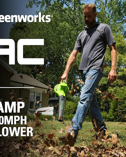 Greenworks 7 Amp 160 MPH/150 CFM Single Speed Electric Blower, 24012, green - LeafyLoom