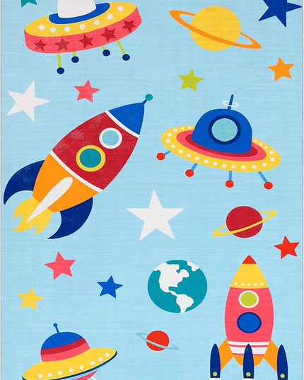 nuLOOM Eddie Outer Space Machine Washable Kids Ultra Thin Area Rug, 4' x 6', Light Blue Multi - LeafyLoom