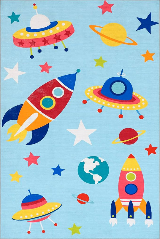nuLOOM Eddie Outer Space Machine Washable Kids Ultra Thin Area Rug, 4' x 6', Light Blue Multi - LeafyLoom