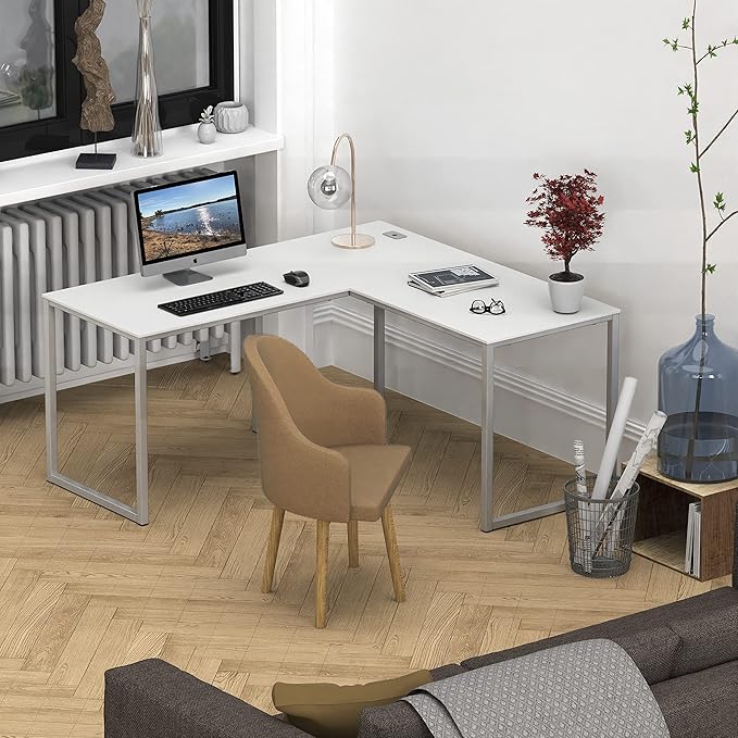 SHW Home Office 55-Inch Large L Shaped Corner Desk, 24" Deep, White - LeafyLoom