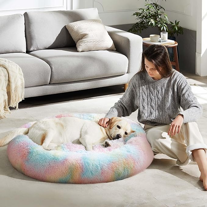 WESTERN HOME WH Calming Dog & Cat Donut Cuddler, Anti-Anxiety Warming Cozy Soft Round Bed, Fluffy Faux Fur Plush Cushion for Small Medium Dogs and Cats WESTERNHOME