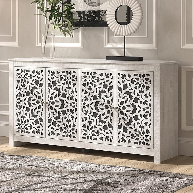 Galano Culbreath 4 Door Sideboard Buffet Cabinet with Storage and Adjustable Shelves, Storage Cabinet for Kitchen, Dining Room, Living Room, 15.67" D x 57.64" W x 30" H, Dusty Grey Oak - LeafyLoom
