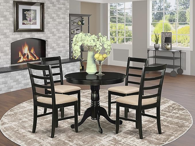 East West Furniture ANPF5-CAP-C 5 Piece Set Includes a Round Kitchen Table with Pedestal and 4 Linen Fabric Upholstered Dining Chairs, 36x36 Inch - LeafyLoom
