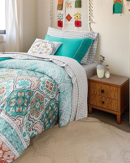 Degrees of Comfort Bed in a Bag Twin XL, Boho Medallion Comforter Sets for College, Microfiber 6 Pieces Bedding Set with Sheet, Matching Decorative Pillow, Aqua - LeafyLoom