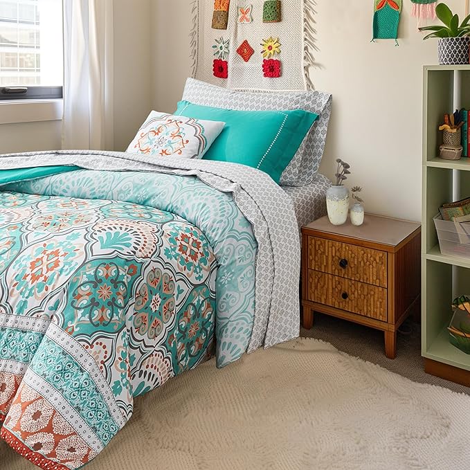 Degrees of Comfort Bed in a Bag Twin XL, Boho Medallion Comforter Sets for College, Microfiber 6 Pieces Bedding Set with Sheet, Matching Decorative Pillow, Aqua - LeafyLoom