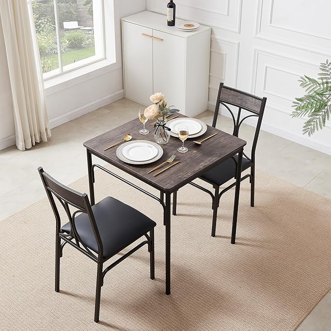 VECELO Kitchen & Dinning Room 3 pieceTable Dinner Table Pu Cushion Chair Small Space,Modern Industrial Style, Dark Brown, Dining set for 2 - LeafyLoom