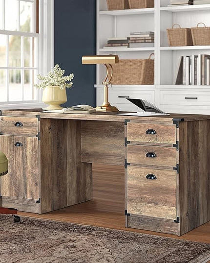 Modern Executive Desk, 59" Vintage Farmhouse Study Writing Desk with Storage Drawers, Industrial Wood Computer Manager's Desk with Knee Space for Home Office, Rustic Oak - LeafyLoom