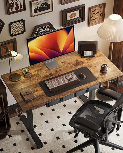 Height Adjustable Desk with Keyboard Tray, 55 x 24 Inches Electric Standing Desk, Stand up Computer Table with Memory Preset, Dark Brown, Splice Board - LeafyLoom