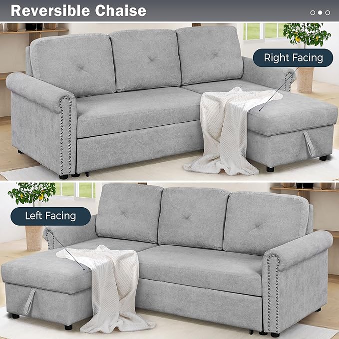 83'' L-Shape Convertible Sleeper Sectional Sofa with Storage Chaise and Pull-Out Bed, Velvet Upholstered Reversible Corner Couch w/Tufted Cushions, for Living Room, Apartment - LeafyLoom
