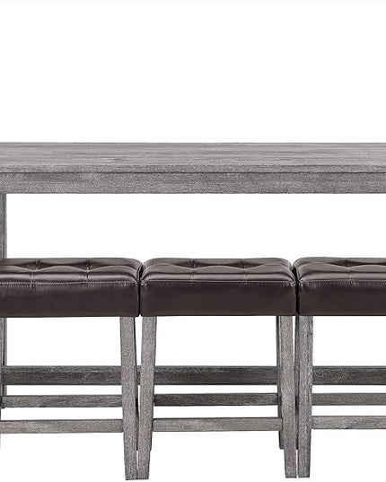 4 Piece Bar Dining Set with Power Outlet, Industrial Solid Wood Breakfast Table w/ 3 Padded Stools, Modern Dinette Furniture for Kitchen, Living Room, Apartment, Light Gray - LeafyLoom