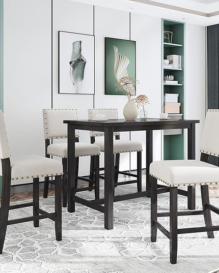 NicBex Small Dining Table Set for 4 Kitchen & Dining Room Tables 5 Piece Rustic Wooden Counter Height Dining Table Set with 4 Upholstered Chairs for Small Places, Espresso - LeafyLoom