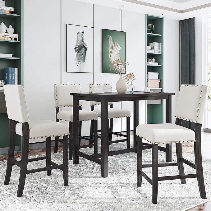 NicBex Small Dining Table Set for 4 Kitchen & Dining Room Tables 5 Piece Rustic Wooden Counter Height Dining Table Set with 4 Upholstered Chairs for Small Places, Espresso - LeafyLoom