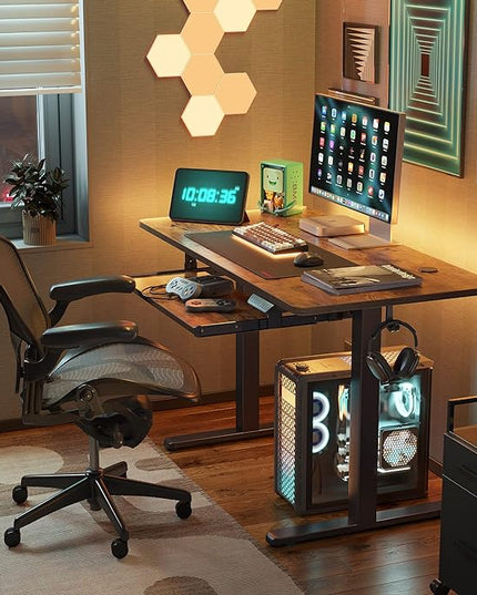 FEZIBO Standing Desk with Keyboard Tray, 48 × 24 Inches Electric Height Adjustable Desk, Sit Stand Up Desk, Computer Office Desk, Rustic Brown - LeafyLoom