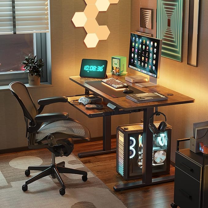 FEZIBO Standing Desk with Keyboard Tray, 48 × 24 Inches Electric Height Adjustable Desk, Sit Stand Up Desk, Computer Office Desk, Rustic Brown - LeafyLoom