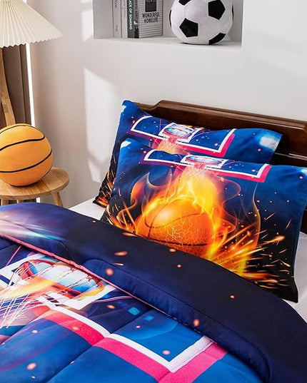 Btargot Basketball Fire Court Comforter Sets Twin for Boys Teens,3D Sports Bedding,Soft Microfiber Reversible Quilt with 2 Matching Pillow Shams - LeafyLoom