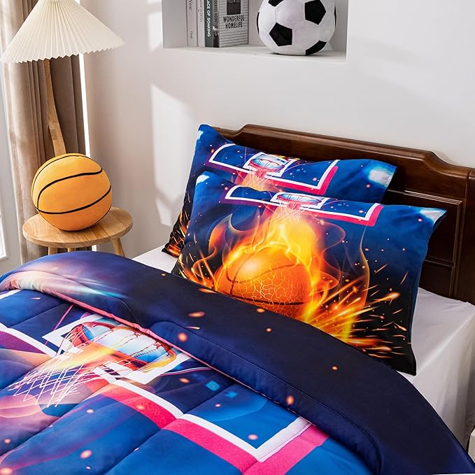 Btargot Basketball Fire Court Comforter Sets Twin for Boys Teens,3D Sports Bedding,Soft Microfiber Reversible Quilt with 2 Matching Pillow Shams - LeafyLoom
