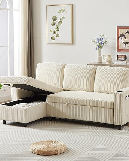 3 Seater Reversible Sleeper Sectional Sofa Bed with Storage Chaise Lounge and Cupholders, Corduroy Upholstered Convertible Sofabed Corner Couch,L Shaped Sofá for Living Room Office, Beige 78.5" - LeafyLoom