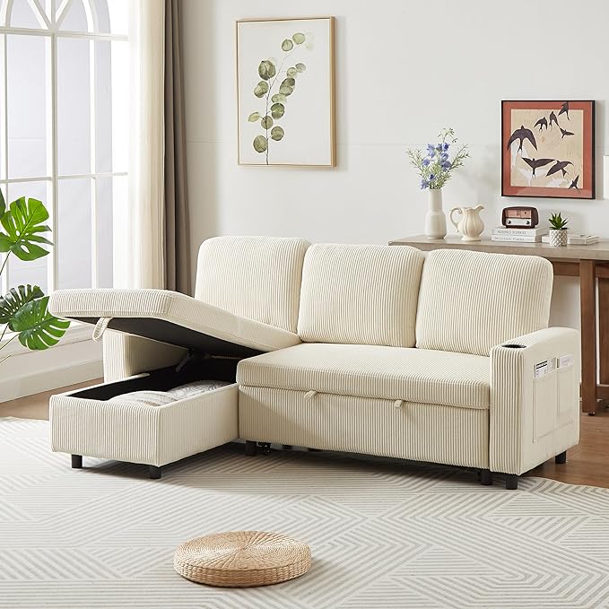 3 Seater Reversible Sleeper Sectional Sofa Bed with Storage Chaise Lounge and Cupholders, Corduroy Upholstered Convertible Sofabed Corner Couch,L Shaped Sofá for Living Room Office, Beige 78.5" - LeafyLoom