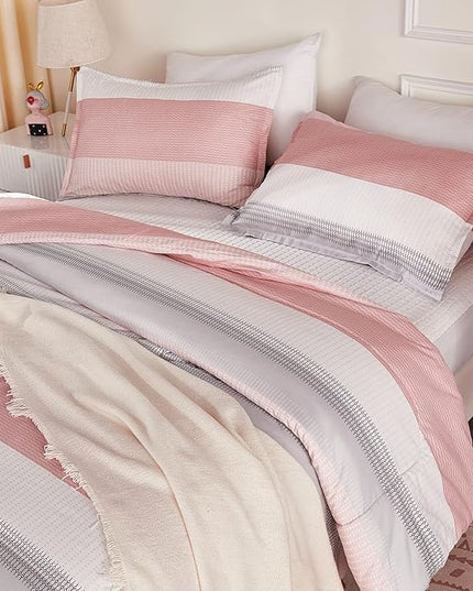 Litanika Pink Full Size Comforter Sets for Girls, 3 Pieces Blush White Colorblock Women Lightweight Bedding Comforter Set - LeafyLoom