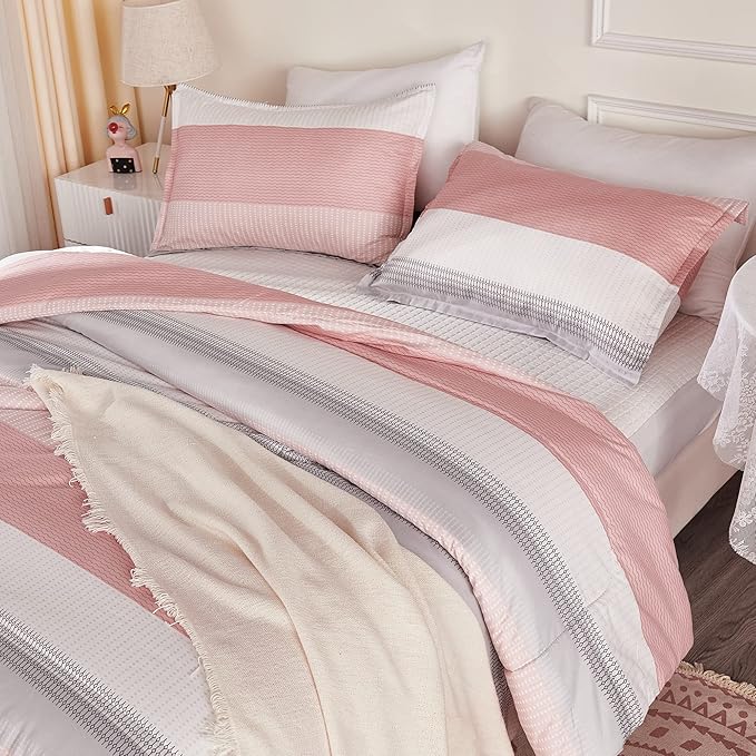 Litanika Pink Comforter Set Queen, 3 Pieces Blush White Colorblock Lightweight Bedding Comforter Set - LeafyLoom