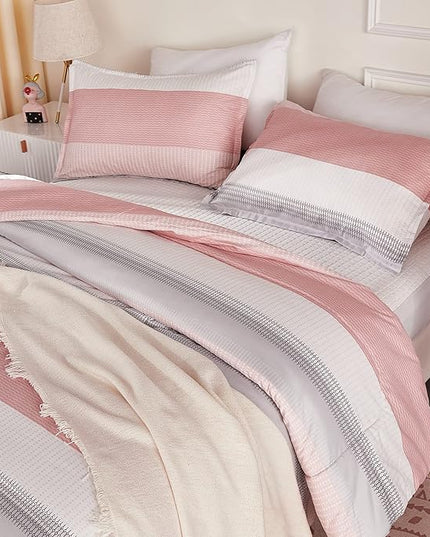 Litanika Pink California King Comforter Set - 3 Pieces Blush Cal King Oversized Lightweight Summer Colorblock Stripe Bedding Set (104x96In, 2 Pillowcases) - LeafyLoom