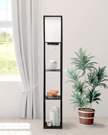 Simple Designs LF1037-BLK Floor Lamp Etagere Organizer Storage Shelf with 2 USB Charging Ports, 1 Charging Outlet and Linen Shade, Black - LeafyLoom