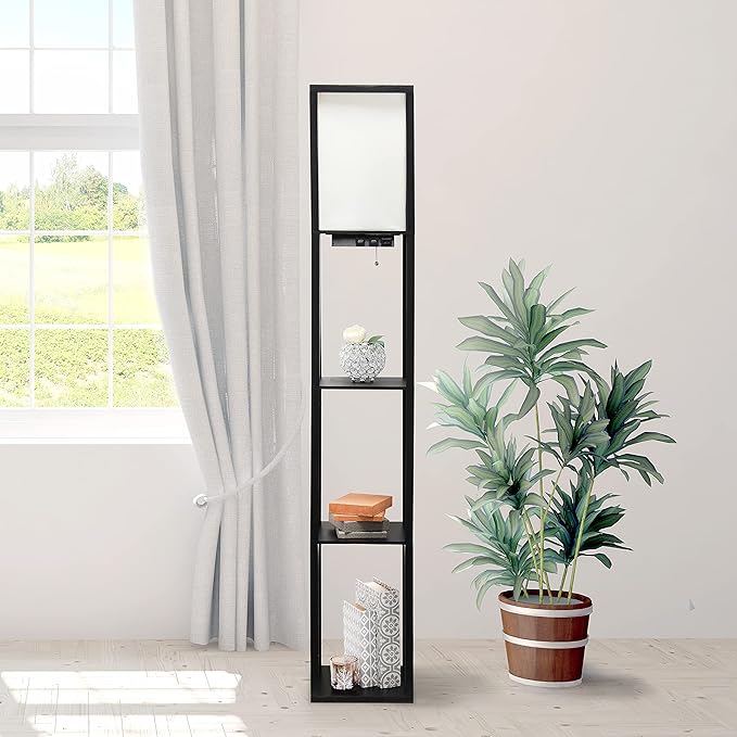 Simple Designs LF1037-BLK Floor Lamp Etagere Organizer Storage Shelf with 2 USB Charging Ports, 1 Charging Outlet and Linen Shade, Black - LeafyLoom