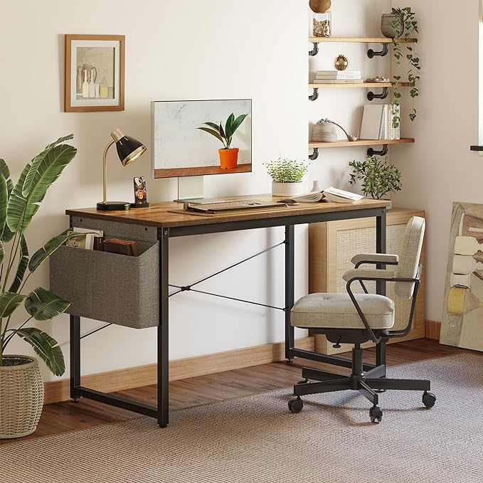 Cubiker Computer Desk 40 inch Home Office Writing Study Desk, Modern Simple Style Laptop Table with Storage Bag, Brown - LeafyLoom