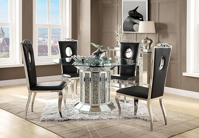 NicBex Dining Table Contemporary Kitchen Table Farmhouse Rustic Dining Table, Mirrored & Faux Diamonds Round Dining Table, Easy Assembly, Clear + Faux Diamonds - LeafyLoom