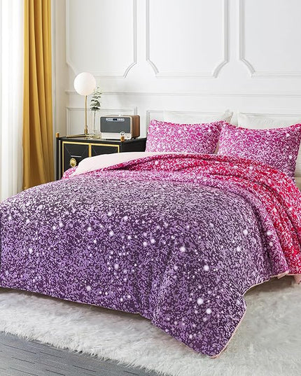 Litanika Galaxy Comforter Full(79x90lnch), 3 Pieces(1 Purple Glitter Ombre Comforter, 2 Pillowcases), 3D Colorful Rainbow Bedding Set, Microfiber Comforter Set for Kid Boy Girl Teen - LeafyLoom