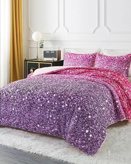 Litanika Galaxy Comforter Queen(90x90lnch), 3 Pieces(1 Purple Glitter Ombre Comforter, 2 Pillowcases), 3D Colorful Rainbow Bedding Set, Microfiber Comforter Set for Kid Boy Girl Teen - LeafyLoom
