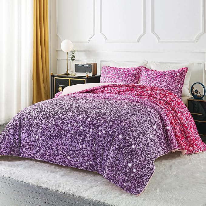 Litanika Galaxy Comforter Queen(90x90lnch), 3 Pieces(1 Purple Glitter Ombre Comforter, 2 Pillowcases), 3D Colorful Rainbow Bedding Set, Microfiber Comforter Set for Kid Boy Girl Teen - LeafyLoom