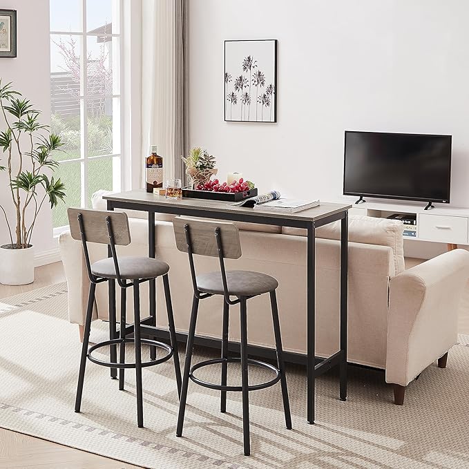 NicBex Kitchen Small Dining Table for 2 Breakfast Nook Table Set Bar Table Set with 2 Bar Stools Pu Soft Seat with Backrest for Small Space, Dining Room, Apartment, Easy Clean, Grey - LeafyLoom