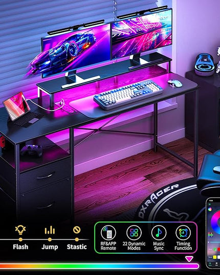 Yoobure Computer Desk, Gaming Desk with LED Lights & Power Outlets, Office Desk with Fabric File Cabinets, 55.1" Gaming Table with Long Monitor Stand, PC Gamer Desk with Drawers for Home office, Black - LeafyLoom