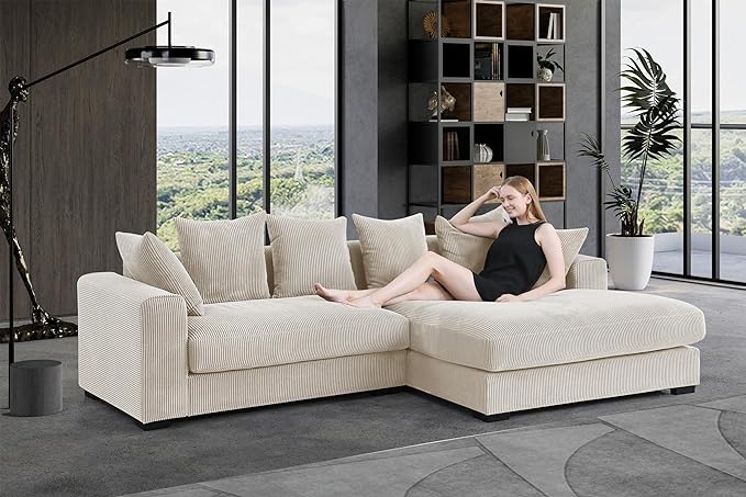 110" Modern L-shaped Sectional Sofa with Big Chaise,Upholstered Sleeper Couch W/ 6 Throw Pillows & Generously Armrests,Easy Assembly,Spacious Loveseat for Living Room Apartment Home,Beige - LeafyLoom
