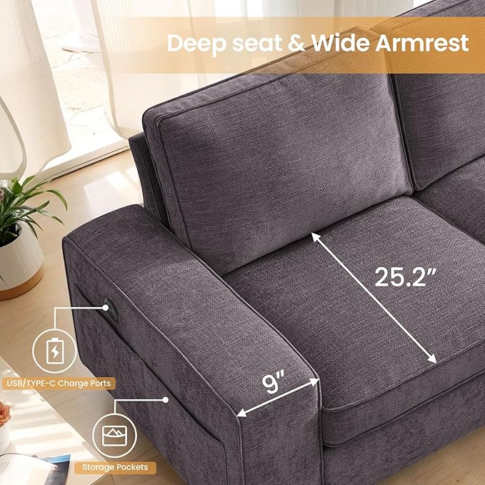 COHOME 100" L-Shaped Couch with Storage, Chenille Upholstered Deep Seat Couch for Living Room, Sofa with Reversible Chaise, Removable Covers, 3-Seater Apartment Sofa with Charge Ports,Dark Grey - LeafyLoom