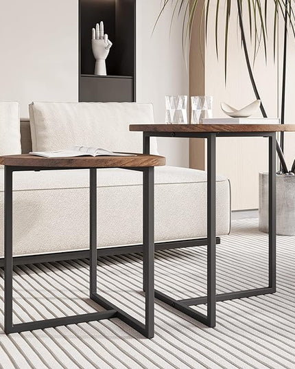 Round Coffee Table Set of 2 End Tables for Living Room,Black Small Coffee Table Living Room Table,Metal Frame & Wood,Sturdy and Easy Assembly,Stacking Side Tables Bedroom,Brown - LeafyLoom
