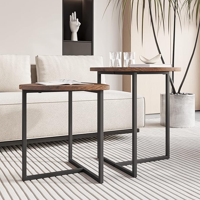 Round Coffee Table Set of 2 End Tables for Living Room,Black Small Coffee Table Living Room Table,Metal Frame & Wood,Sturdy and Easy Assembly,Stacking Side Tables Bedroom,Brown - LeafyLoom