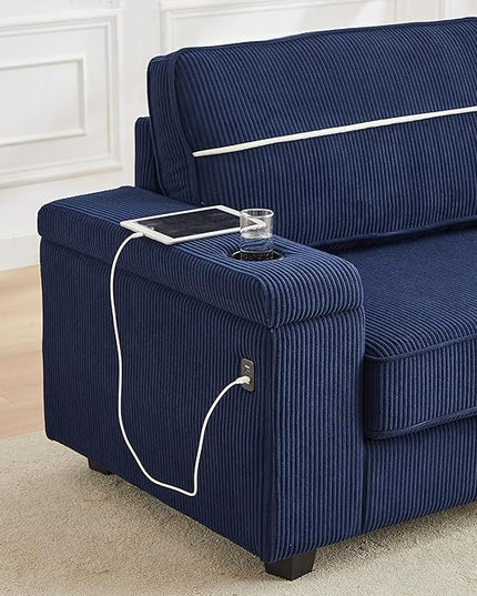 Modern Living Room Upholstered 3 Seater Sofa Couch Deep Seat Soft Corduroy Sofa&Couch with Storage Armrests, 2 Cupholders, Type-C and USB Charging Ports for Home, Apartment, Office - LeafyLoom